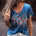 Damen Blumen V-Ausschnitt Oberteile Tops T-Shirt Sommer Freizeit Tunika Bluse DE