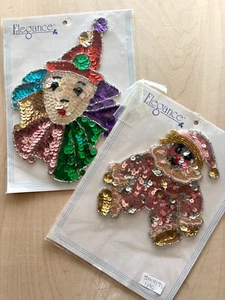 Vintage Sequin Applique LOT of 2 Clown Mardi Gras NIP Elegance Large Sew or Glue - Picture 1 of 4