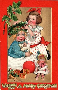 POSTCARD TUCK CRIMSON & GOLD SEIRES MERRY CHRISTMAS EMBOSSED LITTLE GIRLS - Picture 1 of 2