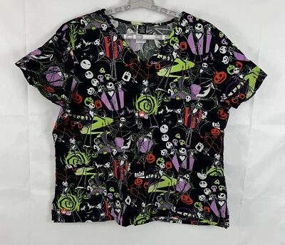 Disney Halloween Jack Skellington 100% Cotton Nursing Scrub Top Women Size 2XL - Image 1 of 4