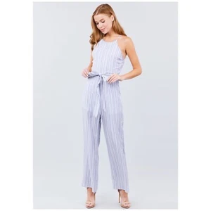 Sexy Scoop Neck Sleeveless Dressy Pinstripe Criss Cross Jumpsuit Blue S/M/L - Picture 1 of 4