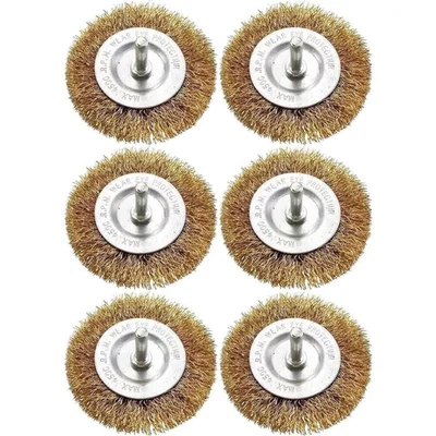 6Pcs 2 Inch Brass Coated Wire Brush Wheel With 1/4'' Shank For Rust Removal Tool - Image 1 of 4