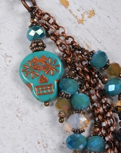 Sugar Skull Rolo Chain Cluster Purse Charm Bag Clip Czech Glass Turquoise Copper - Picture 1 of 5