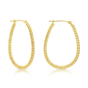 14K Real Solid Yellow Gold Twist Spiral Diamond-Cut Oval Hoop Earrings 30mm - Picture 1 of 8