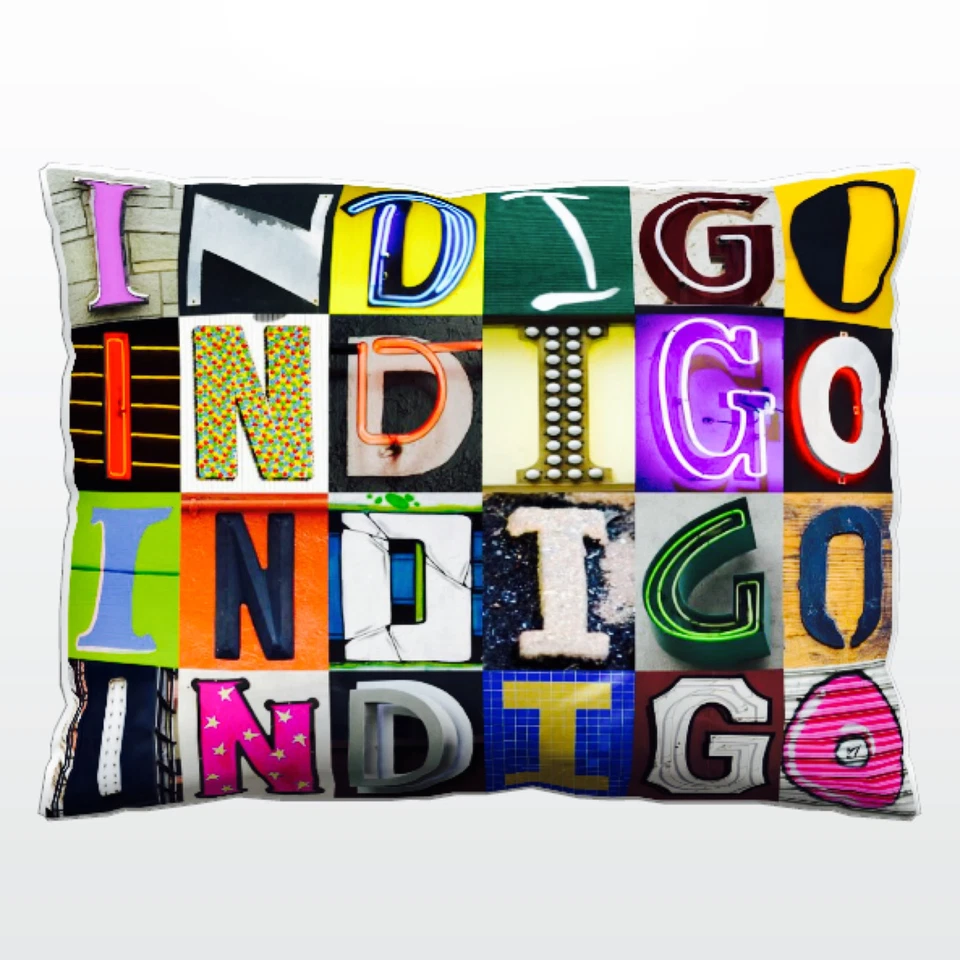 Personalized Pillow featuring the name INDIGO in photos of sign letters - Image 1 of 1