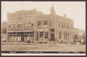 Hartley, Iowa RPPC 1910 - Main St. Post Office, General Store, Barber Shop - Picture 1 of 5