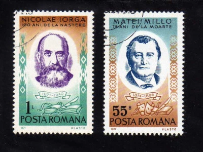 ROMANIA -   1971  Sc#2312-2313, Matei Millo, Nicolae Iorga - Image 1 of 2
