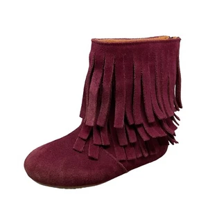 Monkey Feet Bootie Double Fringe Suede Burgundy Zip Kid Size 3-4 Y - Picture 1 of 11