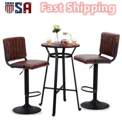 Set Of 3 Bar Stool Table Set Swivel Adjustable Leather Seat Pub Wood Table Combo - Image 1 of 4