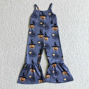 Girls Spiderweb Pumpkin Print Sleeveless Jumpsuit Halloween - Picture 1 of 2