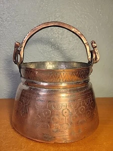 Antique Turkish Hand Hammered Copper Cauldron w/ Etched Designs & Snake Handle - Picture 1 of 14