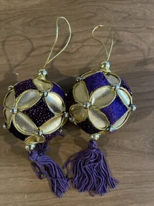 2 Gold & Purple Ornaments Christmas Mardi Gras - Picture 1 of 4