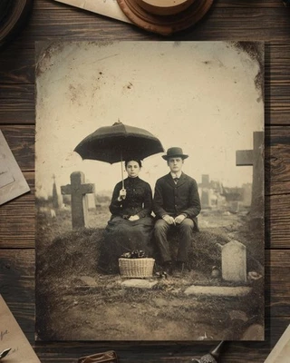 Tarjeta de amor gótica vintage de cementerio victoriano pareja aniversario de luto Foto 1 de 4