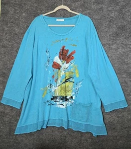 Jess and Jane Top Womens 3X Turquoise Blue Yellow Artsy Knit Tunic Crochet Trim - Picture 1 of 11