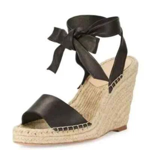 Loeffler Randall Harper Black Napa Leather Espadrille Wedge Sandal Womens 7 B - Picture 1 of 10