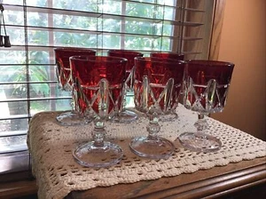 6 antique EAPG US Glass Triple Triangle ruby water beverage goblet glasses 1885 - Picture 1 of 9