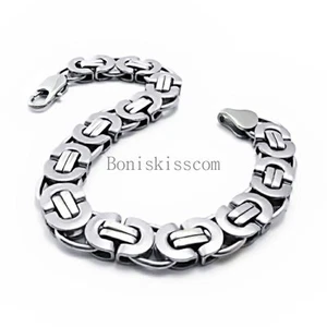 11mm Heavy Silver Flat Byzantine Stainless Steel Men's Boys Chain Bracelet 8.5" - Picture 1 of 4