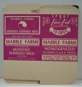Vintage Marble Farms Dairy Skimmed Milk Carton Syracuse NY Old Store Stock - Imagen 1 de 2