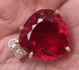 925 Solid Silver Pendant 40+CT Lab Grown Pigeons Blood Ruby Gemstone - Picture 1 of 7