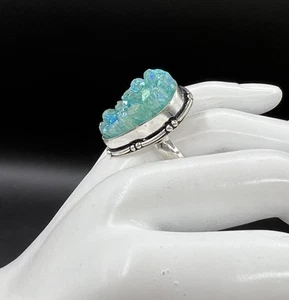 Sterling Silver Enhanced Aquamarine Colored Crystal Druzy Ring, Size 8.5 - Picture 1 of 11