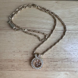 VTG Crystal Circle Charm Pendant Statement Necklace 22" Gold Plated Geometric - Picture 1 of 6