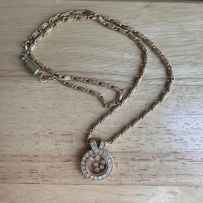 VTG Crystal Circle Charm Pendant Statement Necklace 22" Gold Plated Geometric - Image 1 of 4