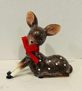 Vtg Style MCM Sitting Fawn Deer Figurine w/Glitter, Bow & Bell 8" Long Retro Doe - Picture 1 of 8