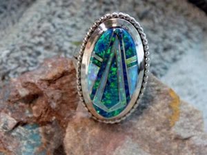 Anello Intarsio Opale Donna Argento Sterling Creato Navajo James Lee Taglia 10 - Foto 1 di 10