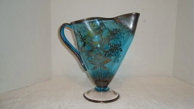 Bohemia Grande Soplada a Mano Superposición Plateada Azul/Aqua Vidrio Jarra Barco Paisaje Foto 1 de 4