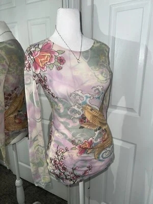 Top de Colección Y2K Malla Transparente Pez Koi Hecho en Estados Unidos Manga Larga Talla M Foto 1 de 4