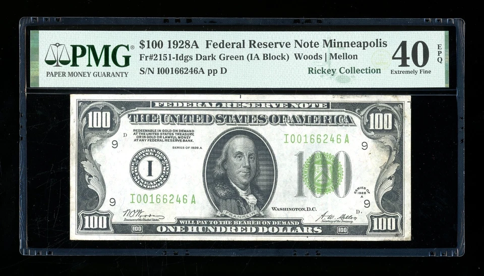DBR 1928-A $100 DGS FRN Minneapolis Fr. 2151-Idgs PMG XF-40 EPQ Ser # I00166246A - Image 1 of 2