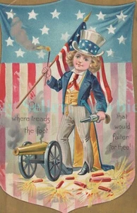 Fourth of July- UNCLE SAM BOY FIRING CANNON -Raphael Tuck Patriotic Postcard 4th - Picture 1 of 2