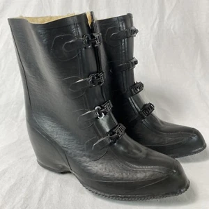 Women’s Black Rubber Galoshes 4 Buckle Boots Sherpa Lined Size 9 Made In USA - Picture 1 of 11