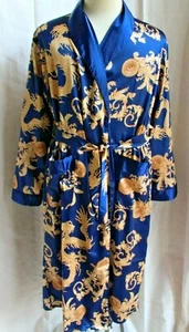 Blue Satin Robe + Tie Gold Dragon Print MidCalf Pockets Sz M Lounge Poly Spandex - Picture 1 of 3