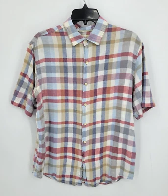 Camisa masculina Tasso Elba Island média vermelha mullti xadrez linho manga curta acampamento - Imagem 1 de 4
