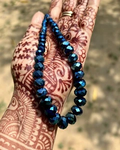 Electroplated Metallic Blue Rondelle Faceted Glass Bead Mala Necklace, 17"+ - Picture 1 of 7