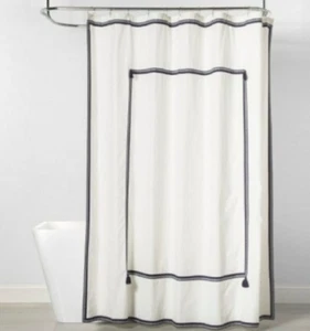 Threshold Fabric Shower Curtain White Navy Border 100% Cotton 72 x 72 - Picture 1 of 11