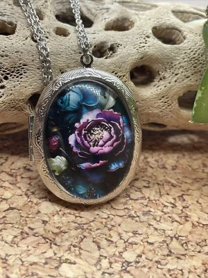 Silver Photo Locket Wedding Keepsake Ash Urn Locket Purple Flower Teal Necklace - Image 1 of 4