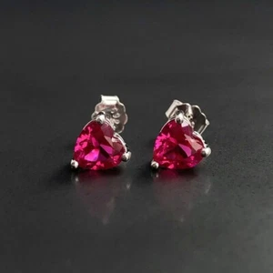 2Ct Heart Shape Lab Created Pink Ruby Solitaire Stud Earring 14K White Gold Over - Picture 1 of 5