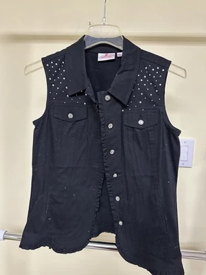 Quacker Factory Women’s Black Denim Rhinestone Vest With Ruffle Hem Size S - Image 1 of 3