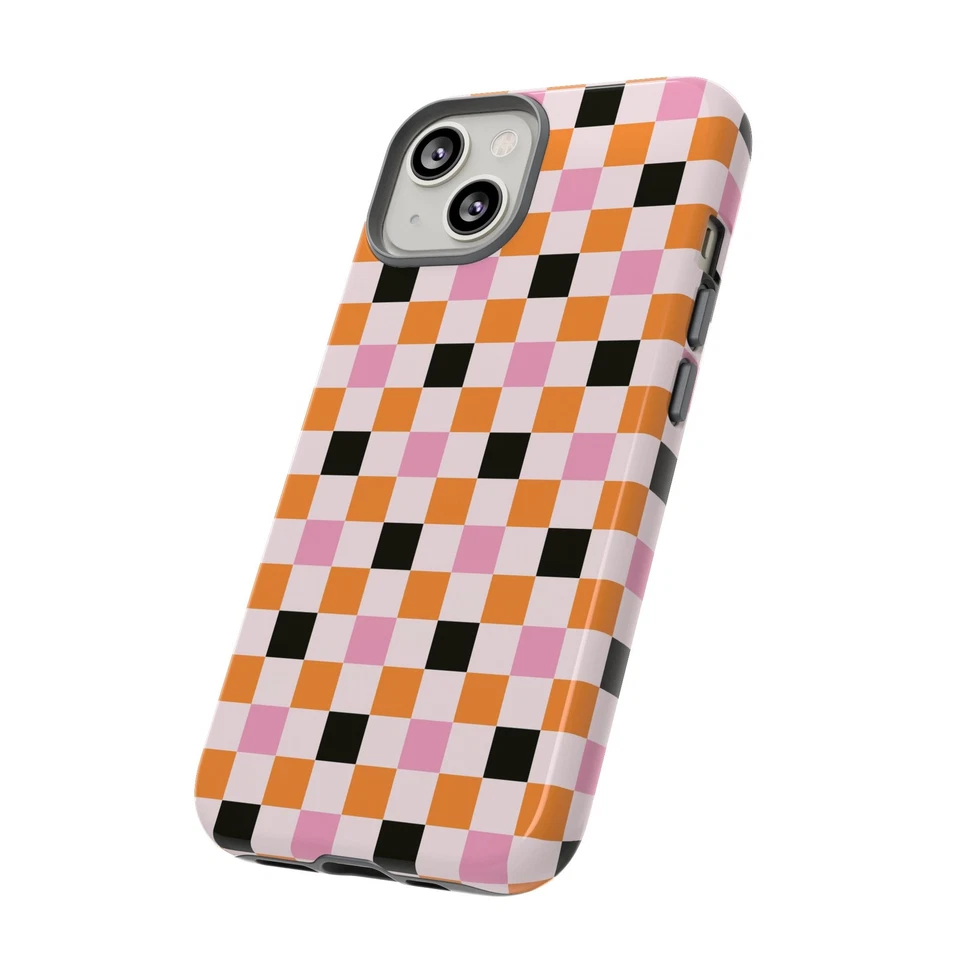 Apple iPhone Dual-Layer Cell Phone Case Retro Checkerboard Pink Orange Y2K - Image 1 of 1
