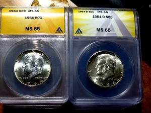Two Gem BU ANACS MS65 1964- P  and  1964-D Silver Kennedy Half Dollars D13 - Picture 1 of 2