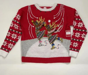 Rentiere Skating Ugly Christmas Pullover Fuzzy Rot Metallic Damen S M L XL - Bild 1 von 9