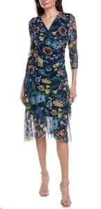 New AK Anne Klein Dress Blue Floral Faux Wrap 3/4 Sleeves Size Medium MSRP $139 - Picture 1 of 9
