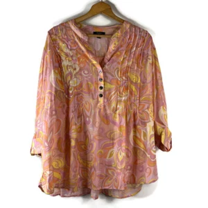 Cocomo Womens Tunic Blouse Top Size 3X Pink Floral Pleated Roll Tab 3/4 Sleeve - Picture 1 of 9