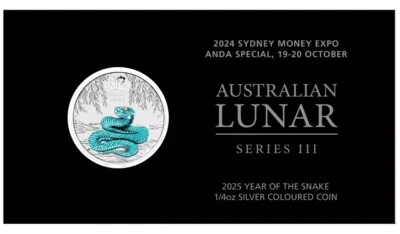 2024 2025 Australia Lunar SNAKE 1/4 oz Silver IN CARD Sidney Money Expo ANDA NEW - Image 1 of 4