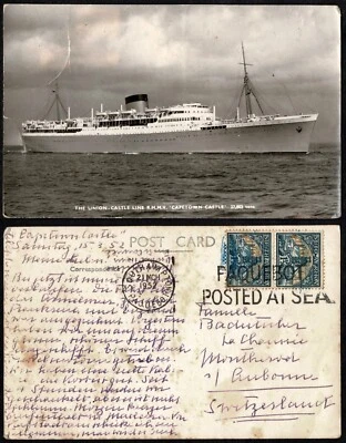 1952 Capetown Castle, Posted at Sea, Durban Cancel, to Switzerland, SA 1½d x2 Foto 1 de 3