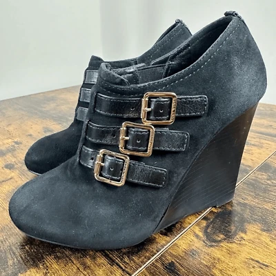Tory Burch Gabrielle Buckle Suede Black Wedge Booties Size 6 - Image 1 of 4