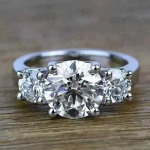 4Ct Round Cut Real Moissanite Women's Three Stone Ring 14K White Gold Plated - Picture 1 of 6