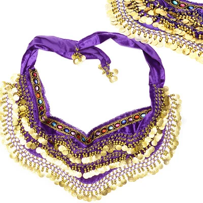 Danza del ventre fazzoletto viola oro monete pietre danza del ventre carnevale velluto - Immagine 1 di 4